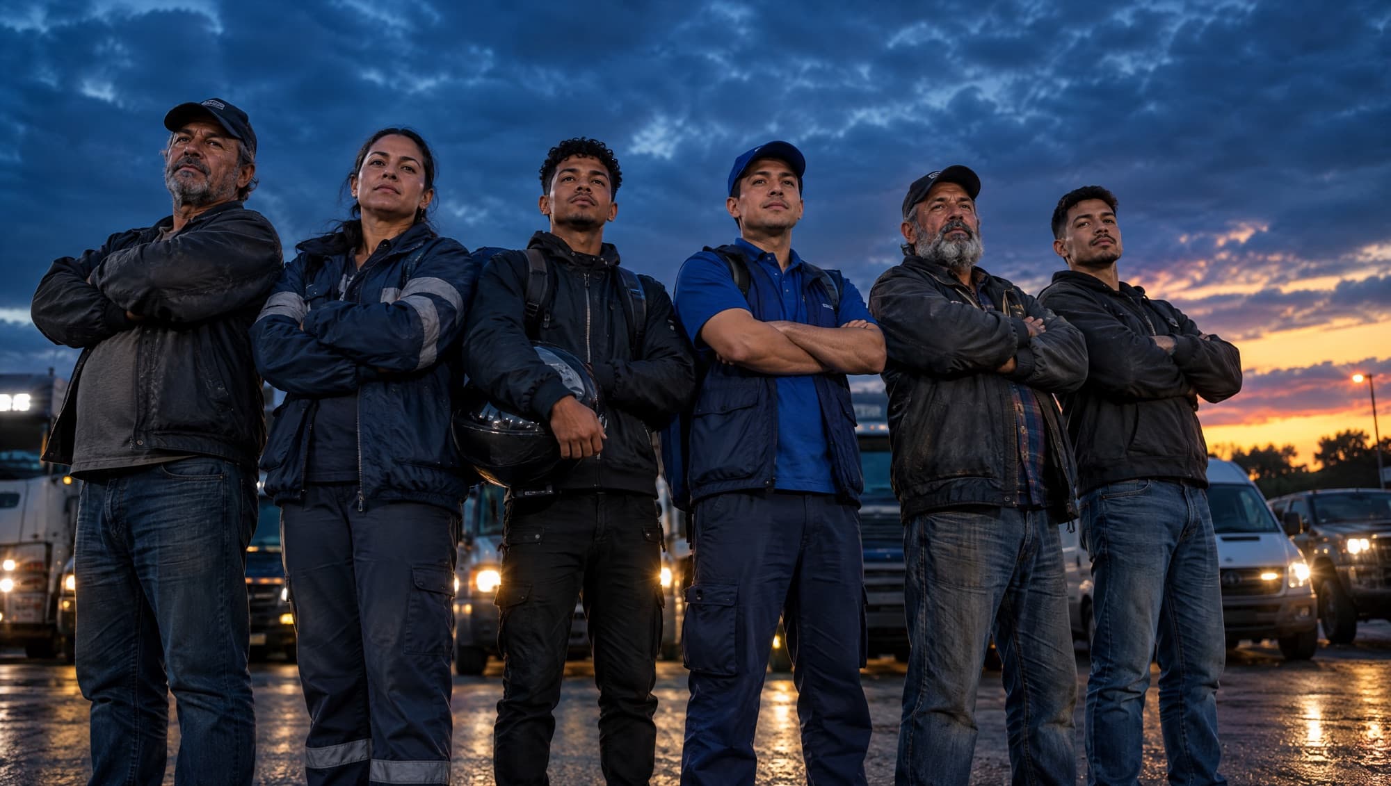 Seis motoristas de braços cruzados, lado a lado, num pátio de caminhões ao entardecer